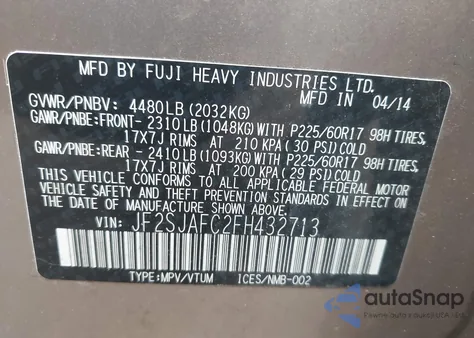 2015 Subaru Forester 2.5I Premium из США, поврежденный, VIN JF2SJAFC2FH432713